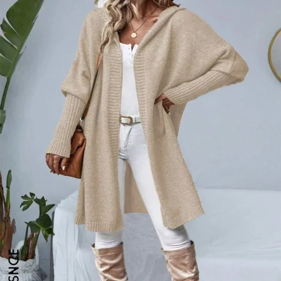 Beige Casual Womens Batwing Sleeve Hooded Duster Cardigan - Picture 3 of 5